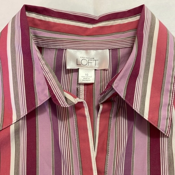 ANN TAYLOR LOFT Purple Multi Color Stripe Button Up Shirt Collar 100% Cotton - Picture 6 of 8